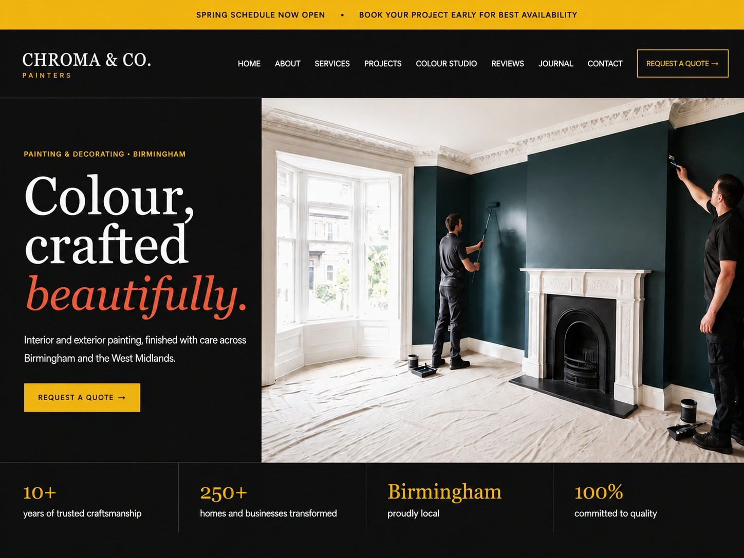 Chroma & Co. Painters website homepage showing professional interior wall painting in Birmingham