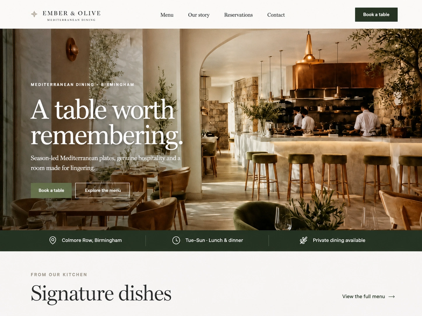 Ember & Olive Mediterranean restaurant website homepage showing an elegant dining room and open kitchen in Birmingham