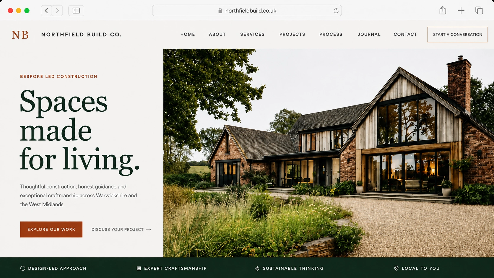 Northfield Build Co construction company website homepage showcasing a luxury residential building project