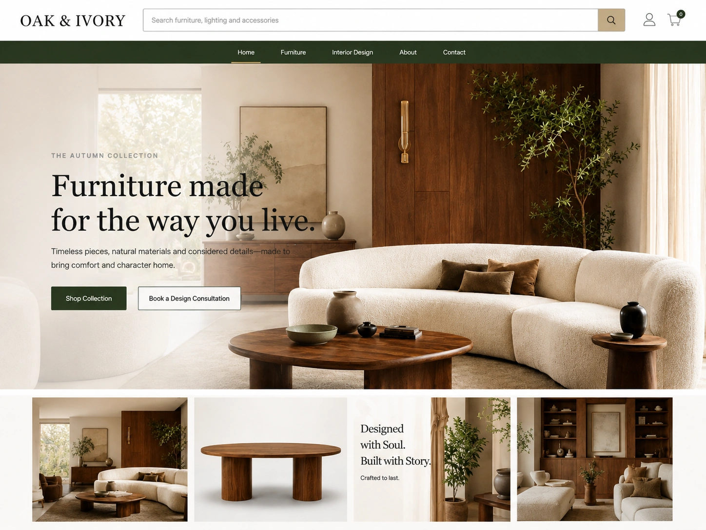 Oak & Ivory furniture website homepage featuring a luxury neutral living room with modern sofa and wooden furniture