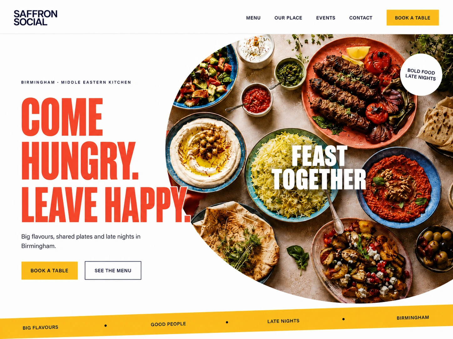 Saffron Social restaurant website homepage showing Middle Eastern dishes and popular menu items in Birmingham