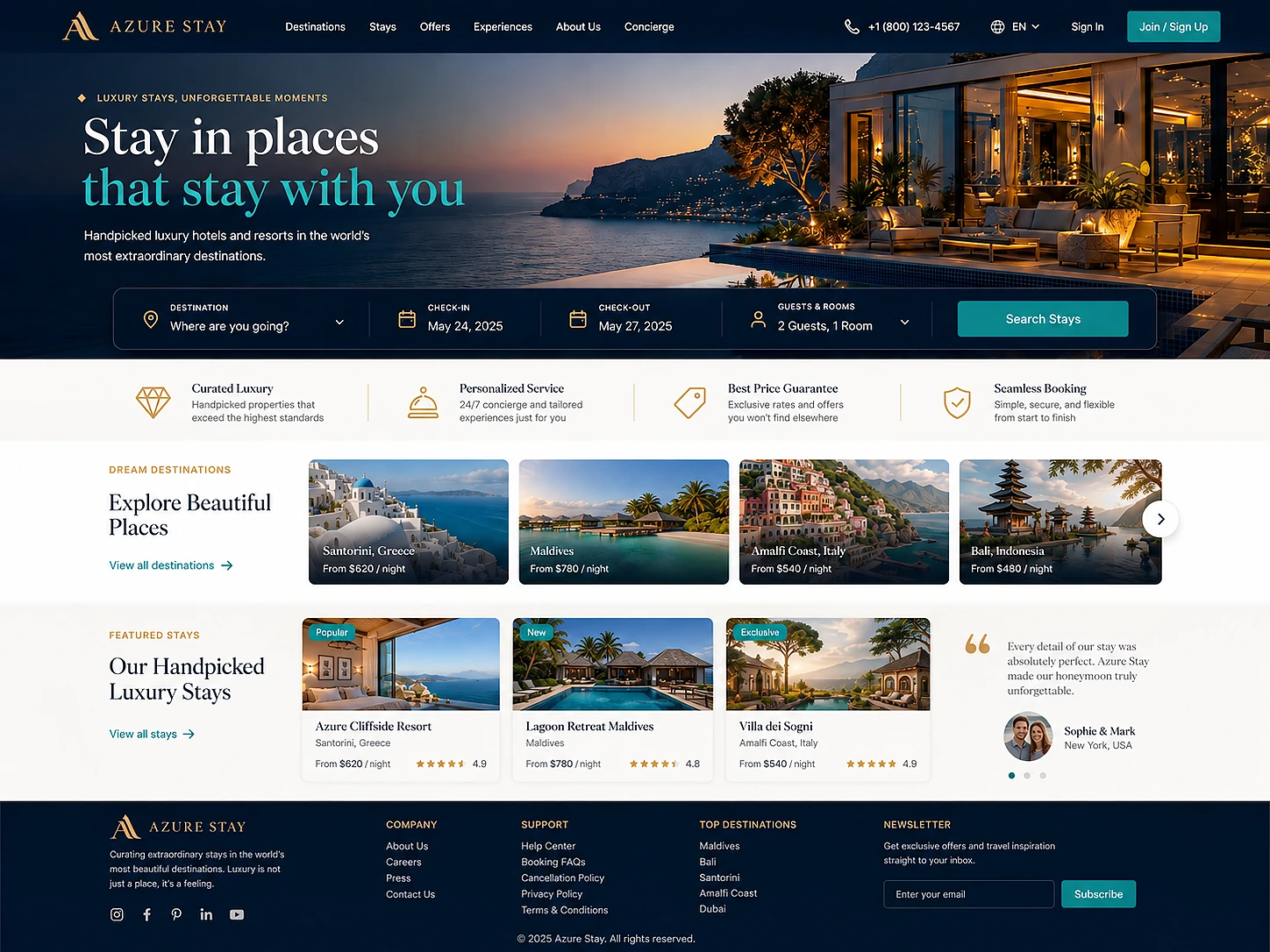 Luxury travel booking website design showing resort listings, destination pages, booking interface, concierge experiences, dashboards and mobile app screens.