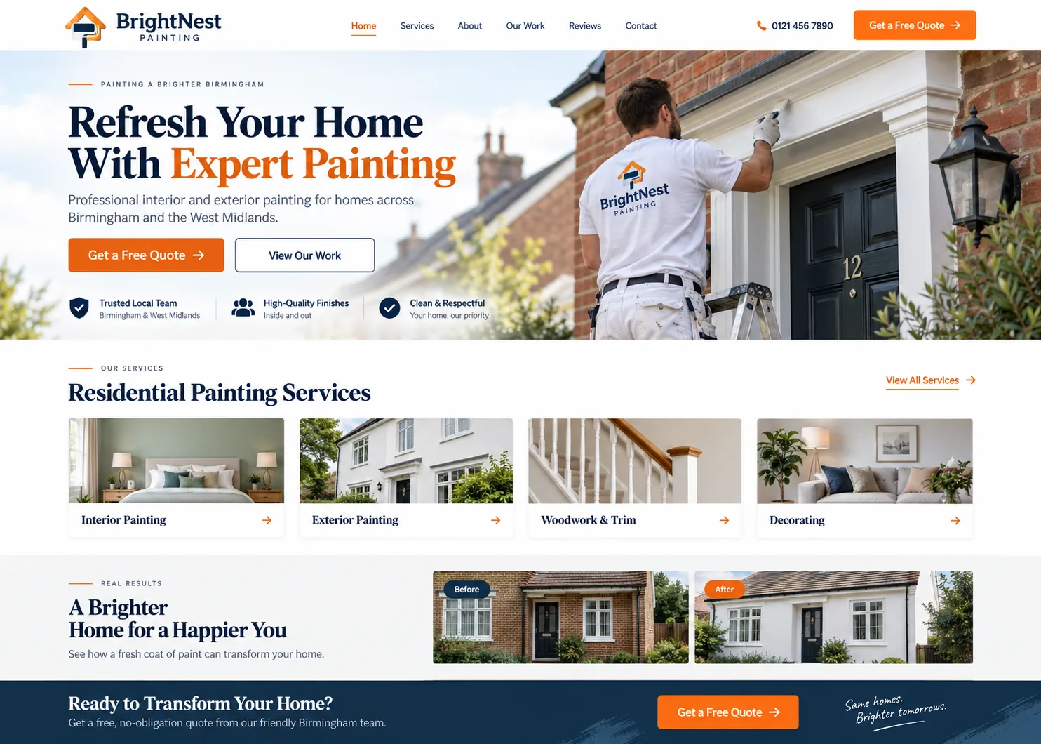 Painting and decorating website design showing interior painters, exterior house painting, decorating services, project gallery, quote form and mobile app screens.