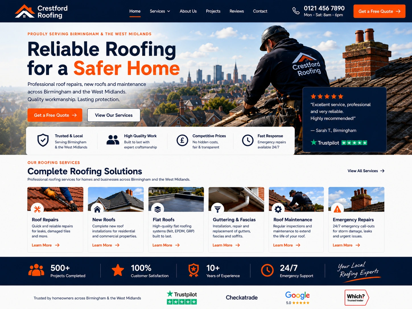 Roofing website design for a Birmingham roofing company showing roof repairs, new roofs, flat roofing, guttering, project case studies and mobile booking screens.