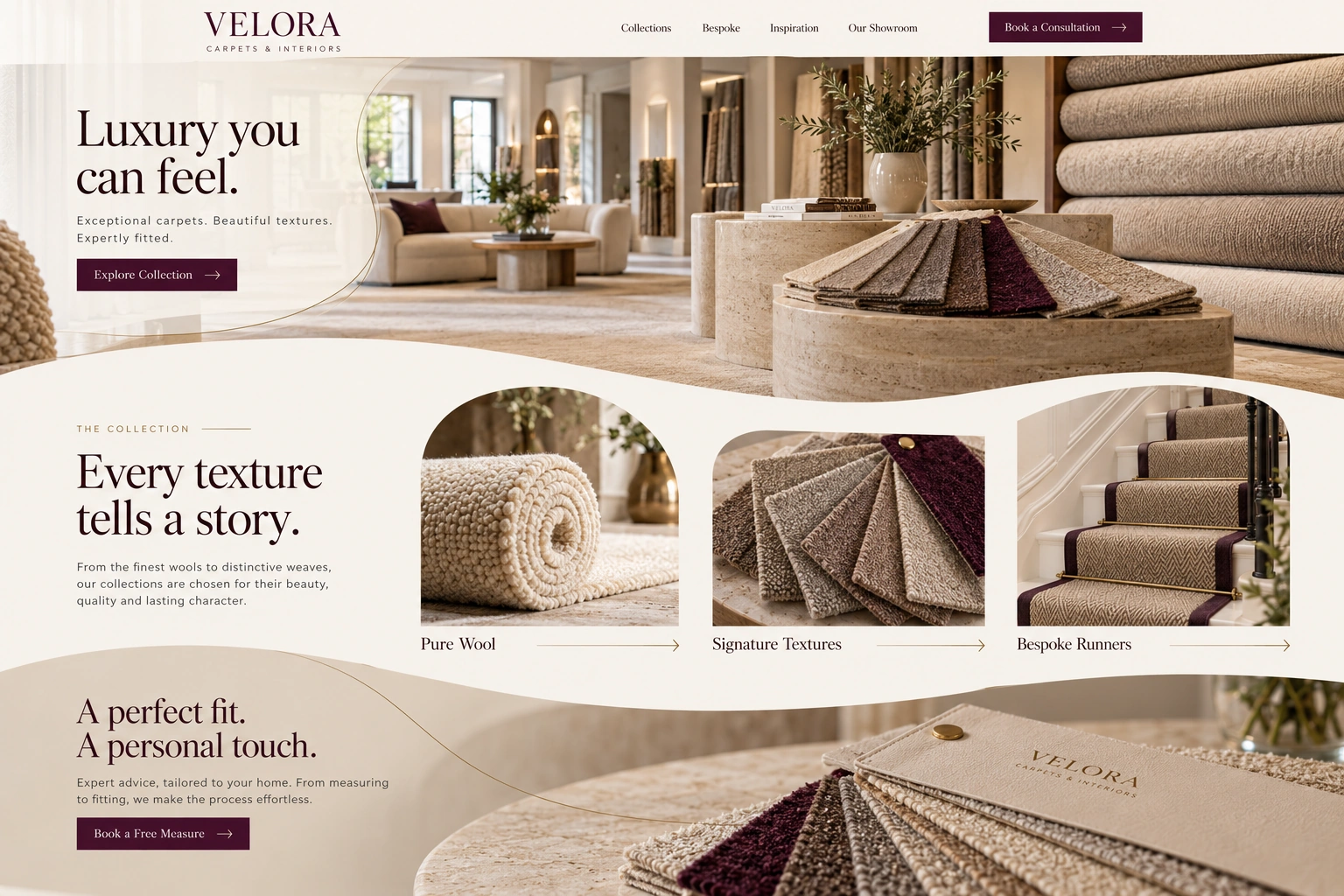 FORME luxury kitchen website homepage concept with ivory and sage colours, curved sections and bespoke kitchen photography.