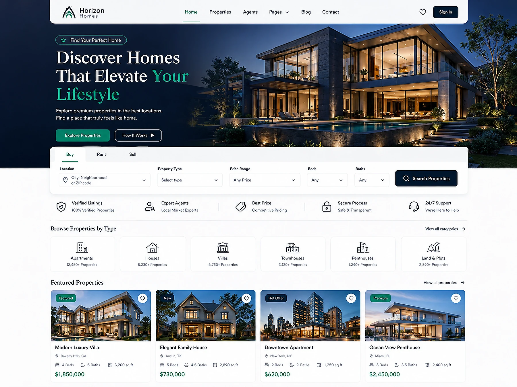 Modern estate agent website design with property listings, property search, luxury home details, agent profiles and viewing booking system.