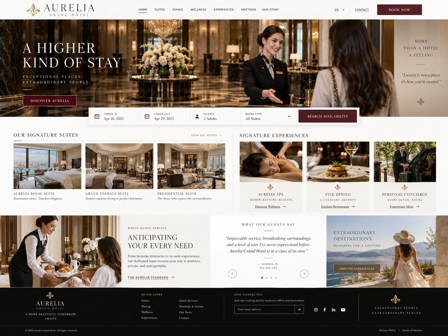 Luxury hotel website homepage design with online booking, premium suites and concierge services.