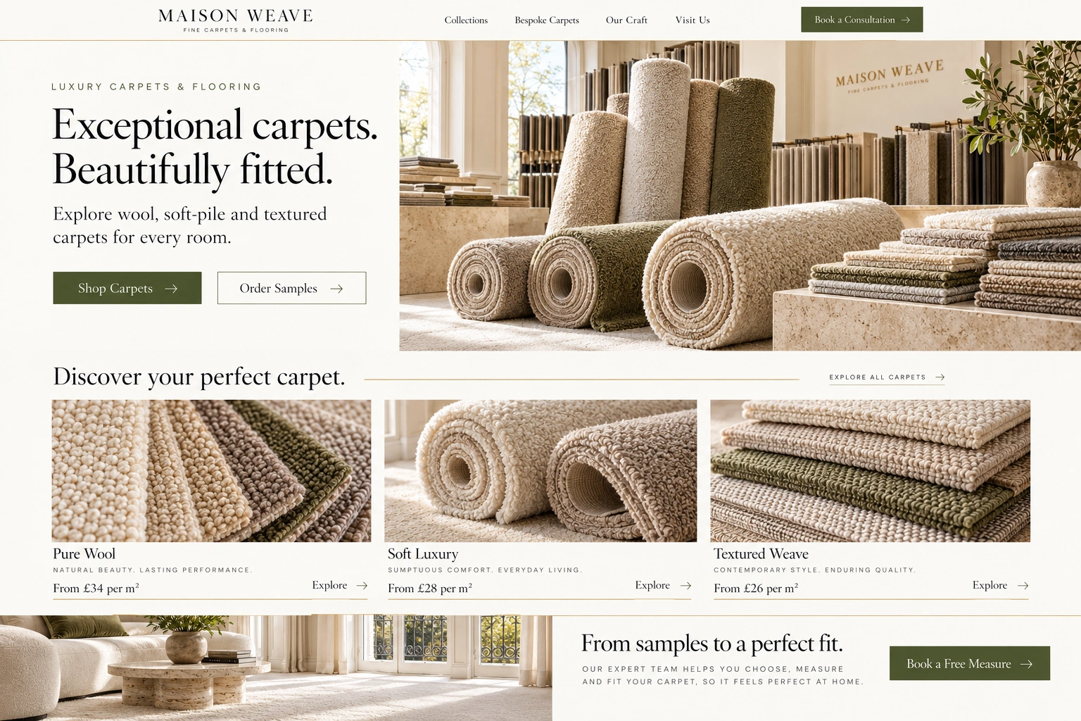 Maison Weave luxury carpet showroom homepage with ivory and olive colours, carpet rolls, textured samples and product collection cards.
