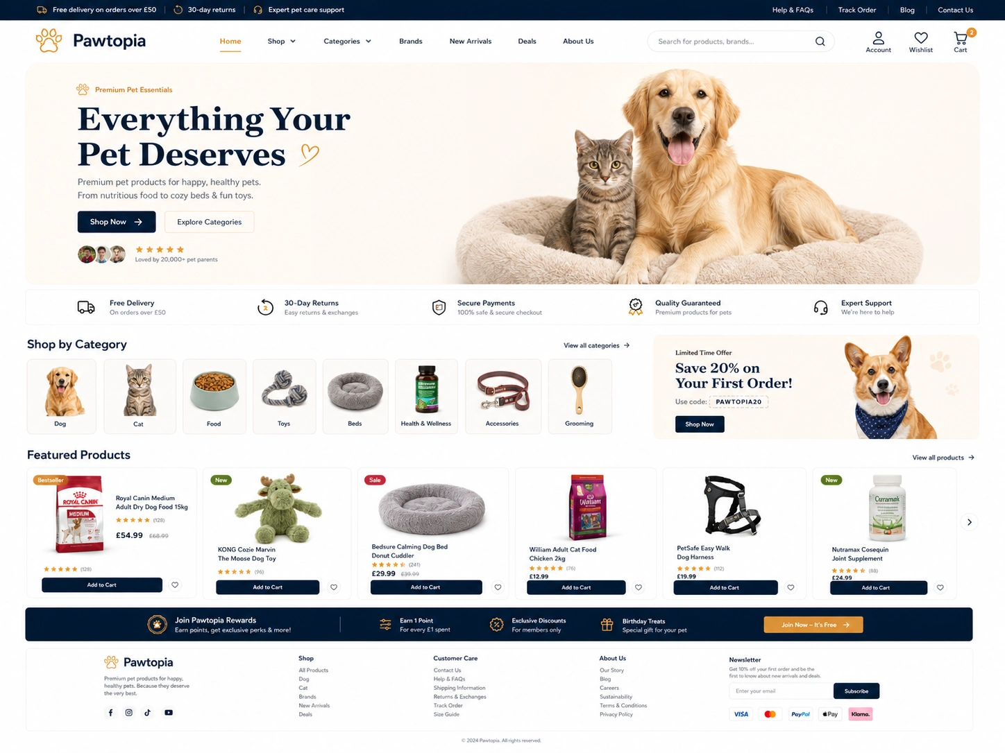 Pet store e-commerce website design showing pet products, category page, product page, checkout, customer dashboard and admin dashboard.