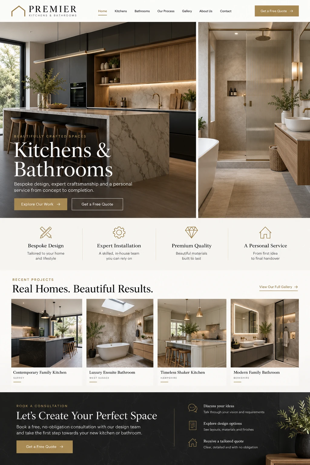 Premier Kitchens and Bathrooms website design with oak kitchens, modern bathrooms, project gallery and consultation form