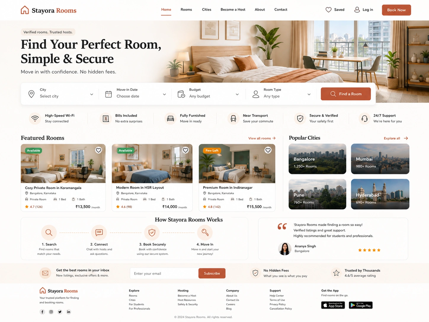 Modern room rental website design with room listings, online booking, tenant dashboard and host dashboard.