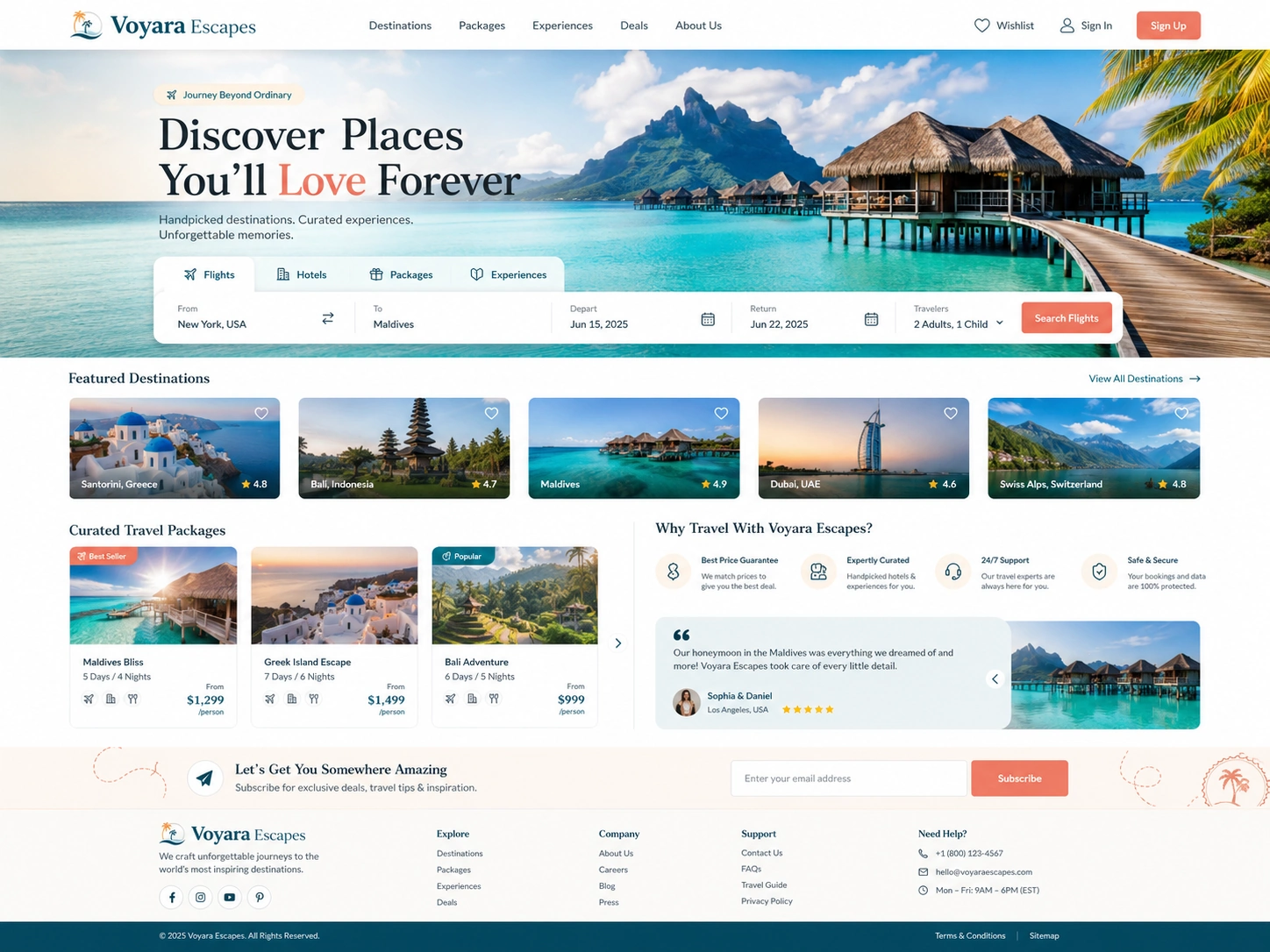 Travel agency website design showing holiday destinations, travel packages, online booking, customer dashboard and mobile app.