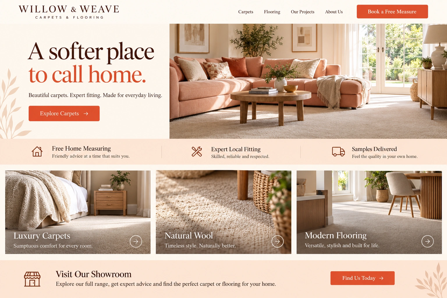 Willow & Weave carpet showroom homepage design with cream and peach colours, carpet collections and a free home measuring booking button.