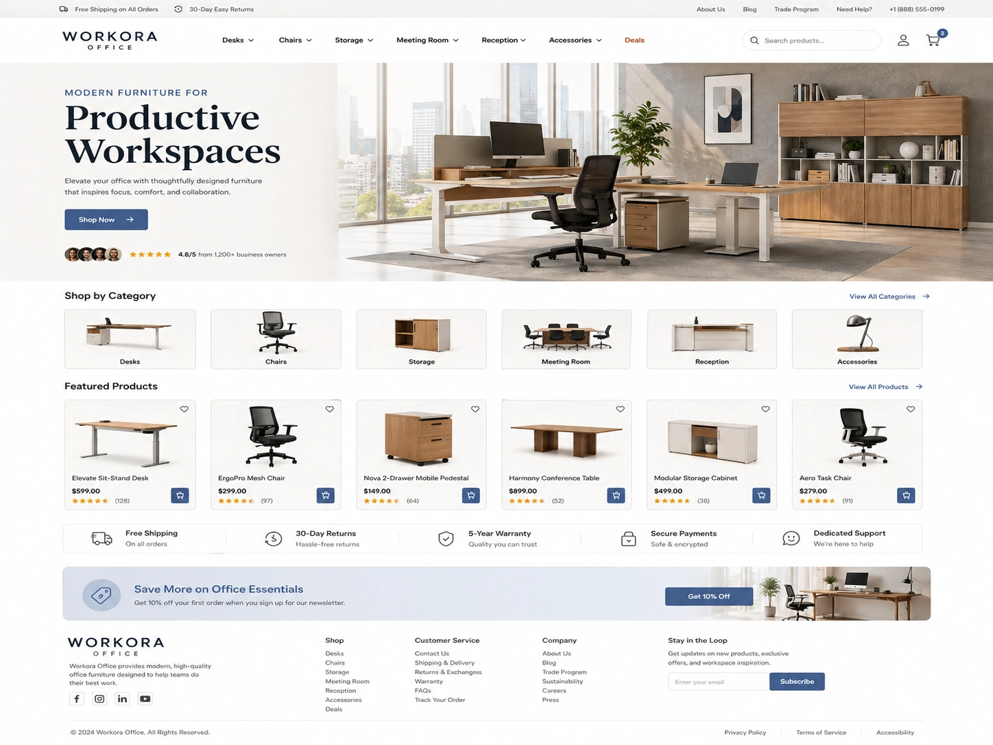 Office furniture e-commerce website design showing desks, chairs, product pages, checkout, account dashboard and admin dashboard.