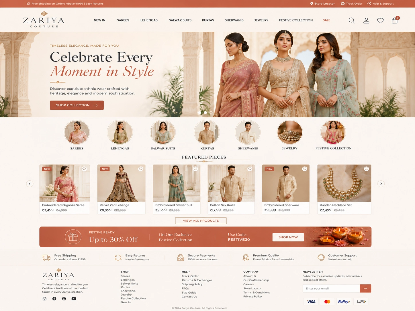 Indian clothing e-commerce website design showing sarees, lehengas, bridal wear, online shopping and secure checkout.