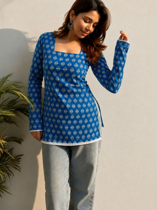printed square neck kurti