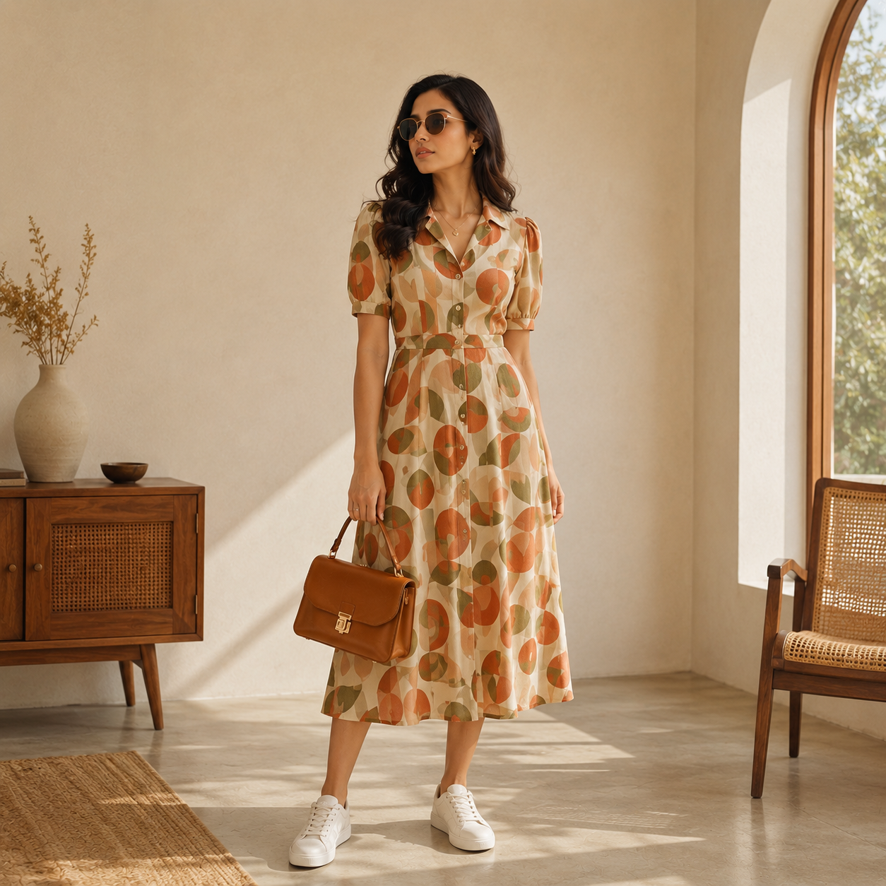 Retro Print Dress With Modern Shoes