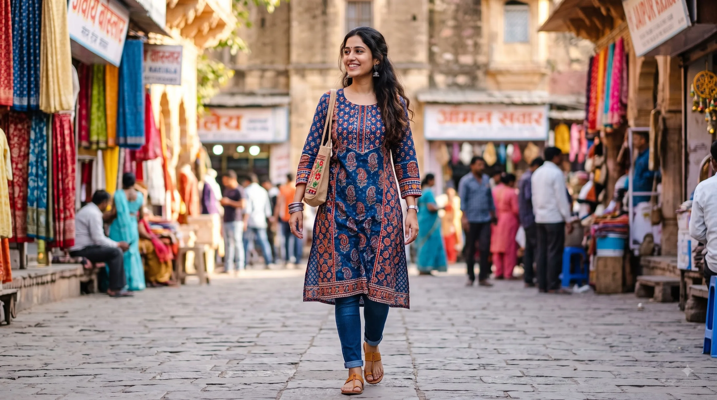 Printed Long Kurti With Jeans