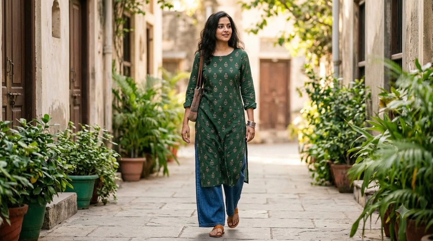 Long Kurti With Wide Leg Jeans