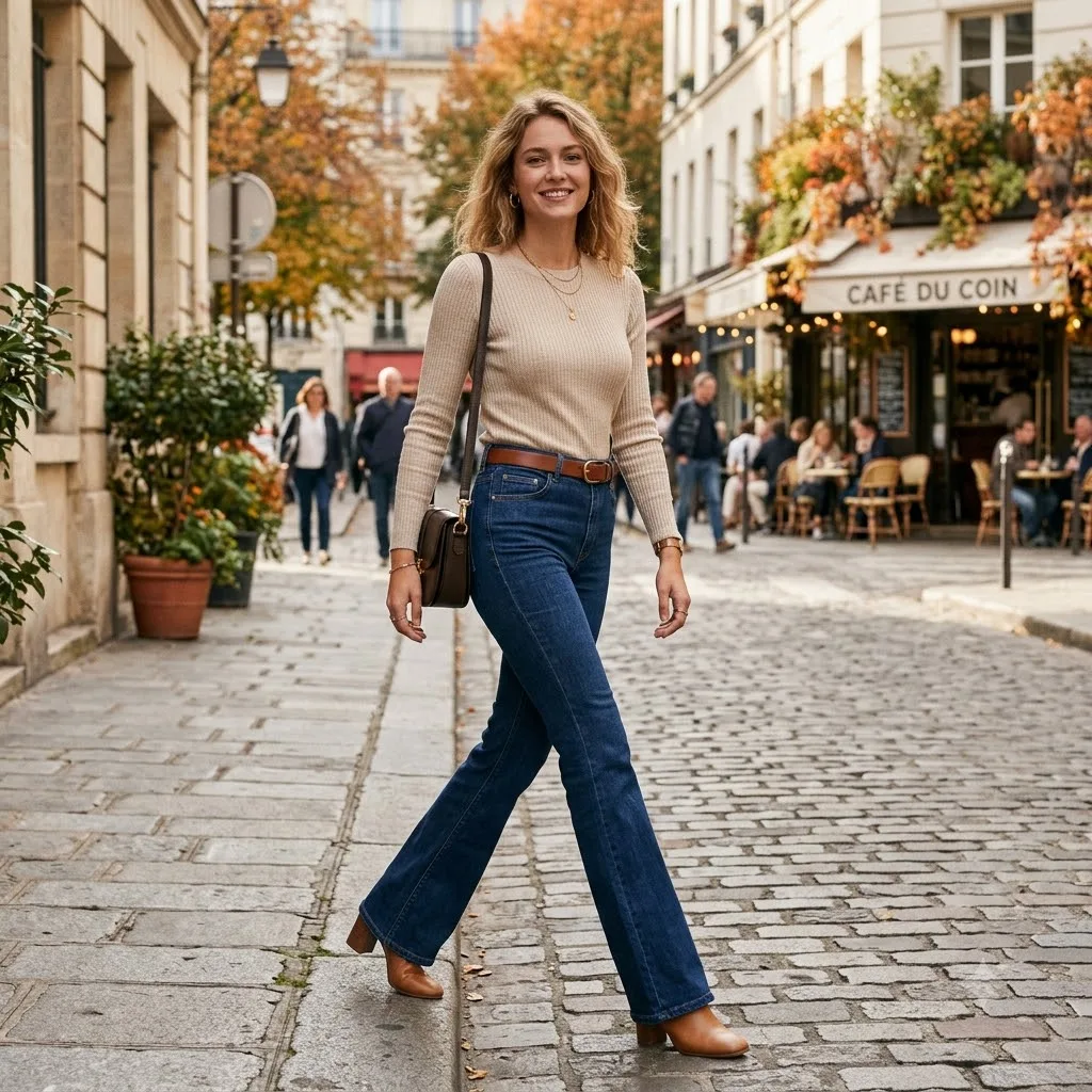 Beige sweater with flared jeans
