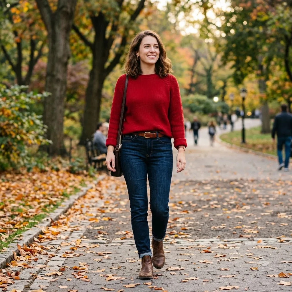 Red Sweater With Dark Wash Jeans