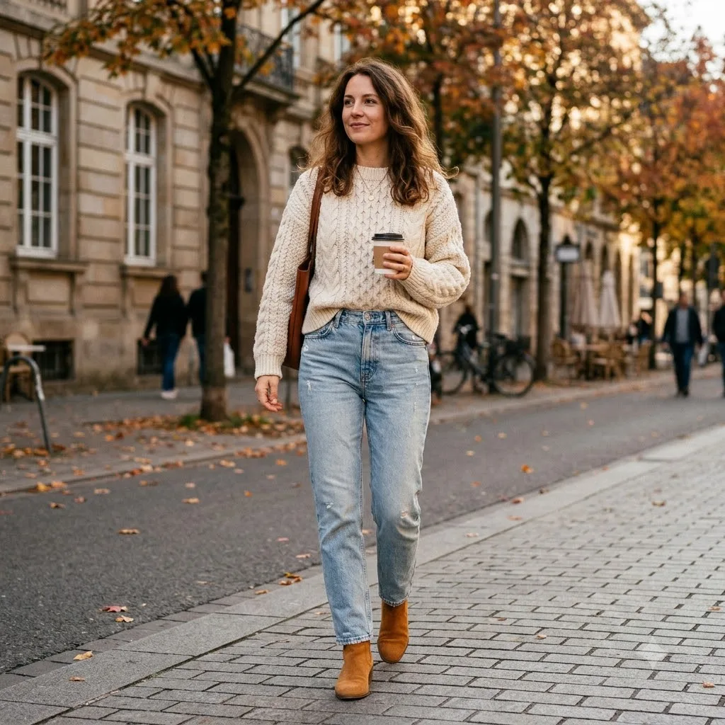 Cable knit sweater with jeans