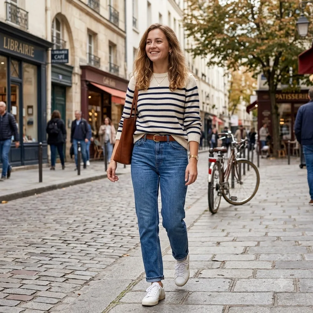 Striped sweater with blue jeans