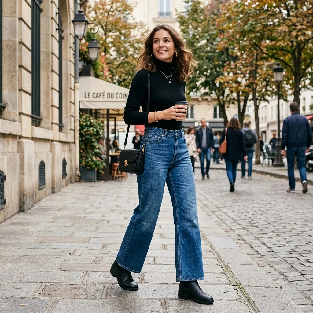 Black turtleneck sweater with jeans