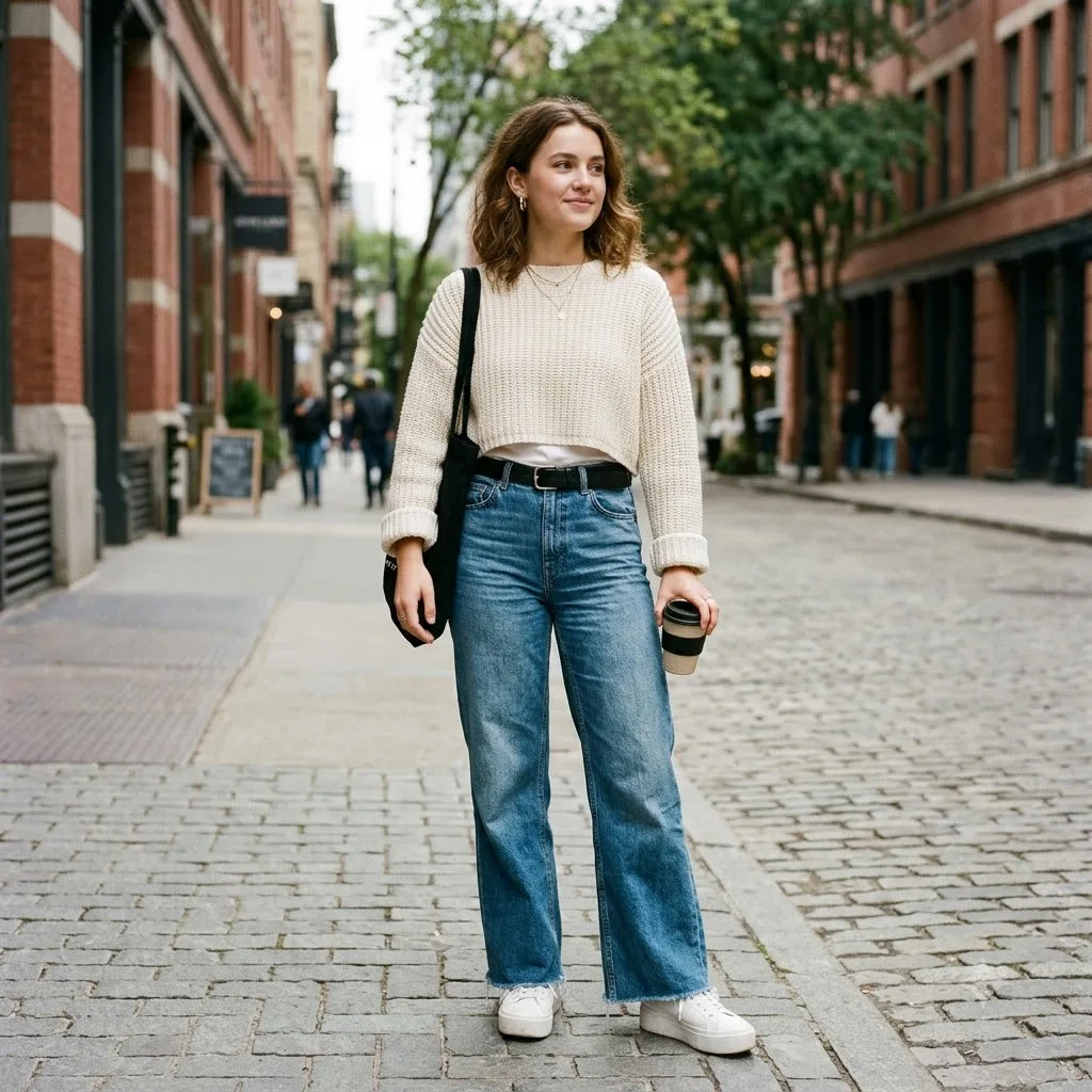 Cropped sweater with high waisted jeans