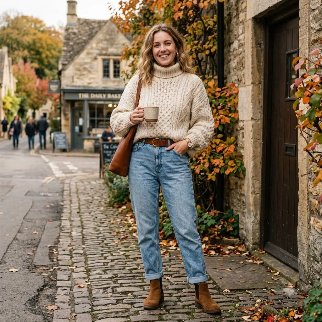 Chunky knit sweater with jeans