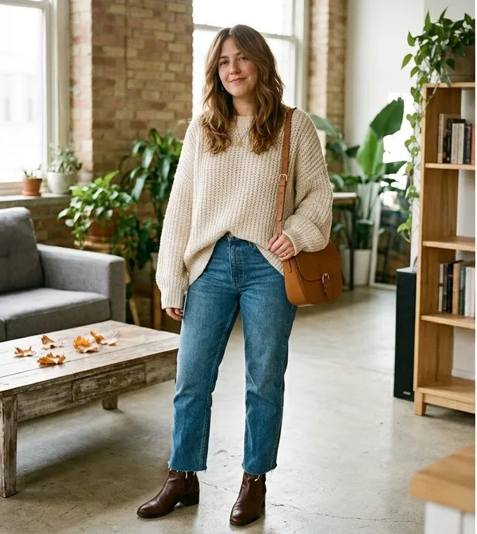 Oversized cream sweater with jeans