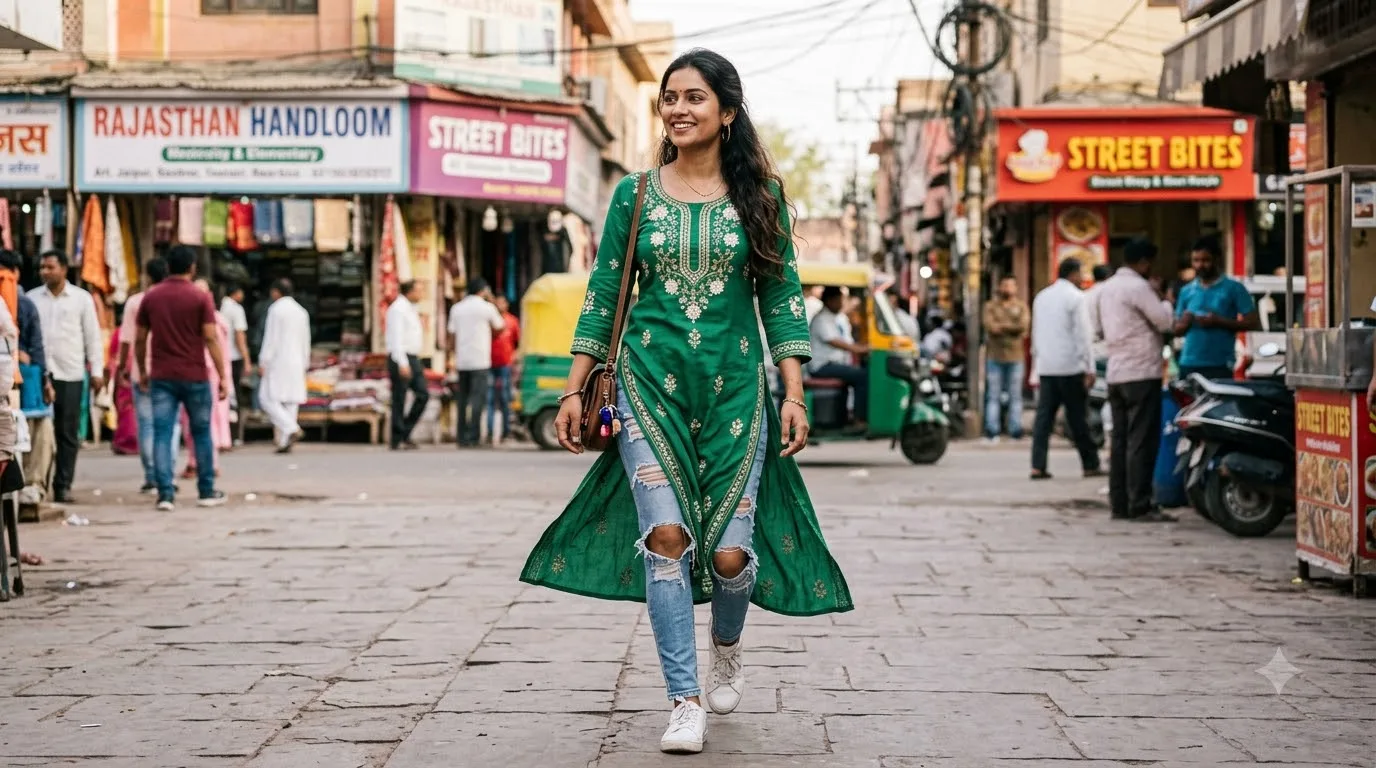 Long Kurti With Ripped Jeans