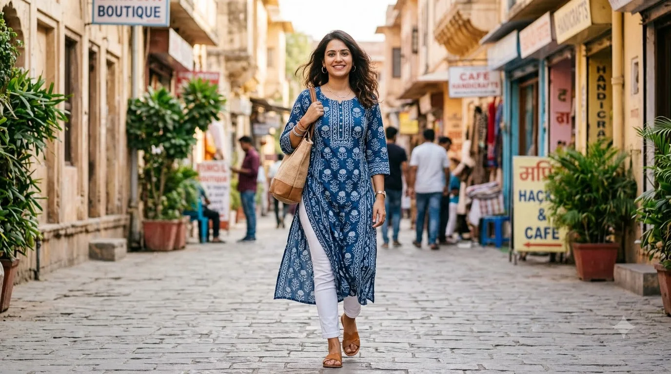 Long Kurti With White Jeans