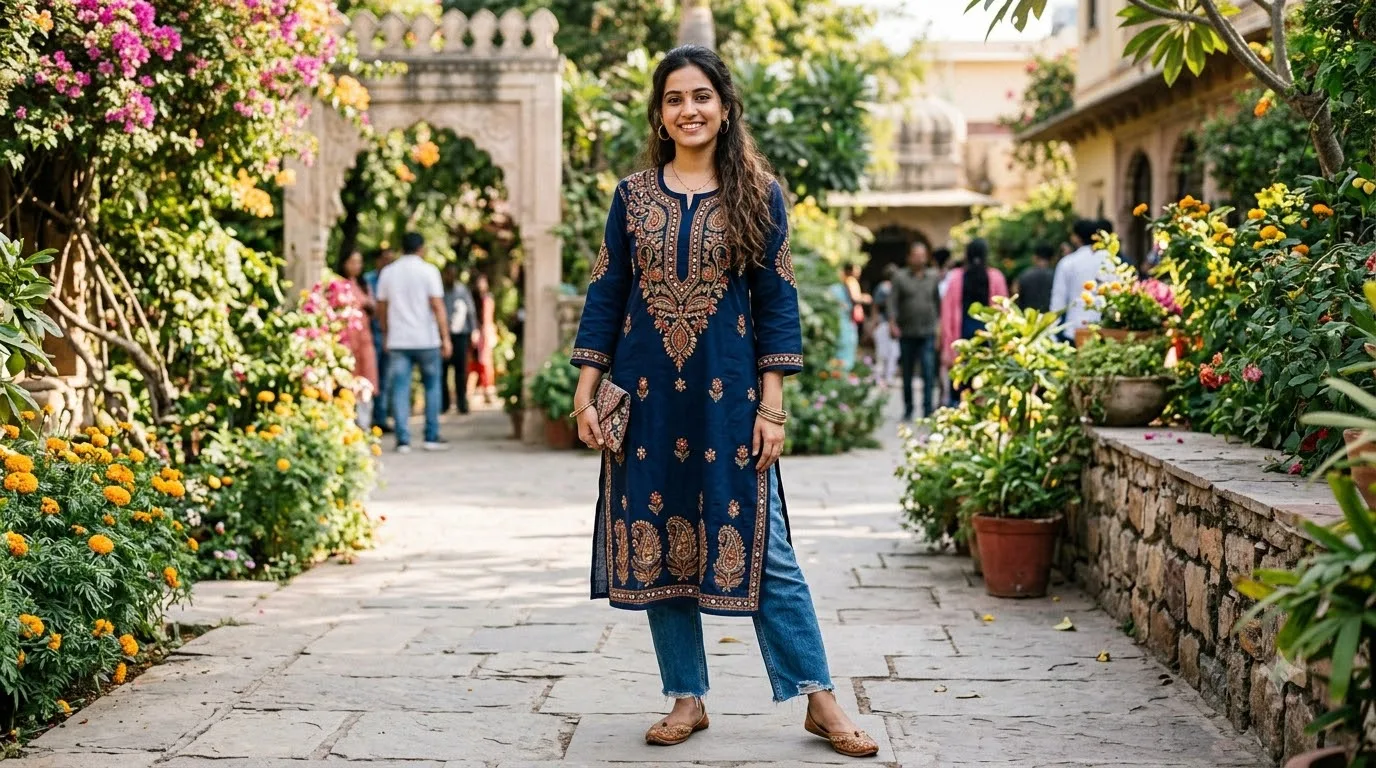 Embroidered Long Kurti With Jeans
