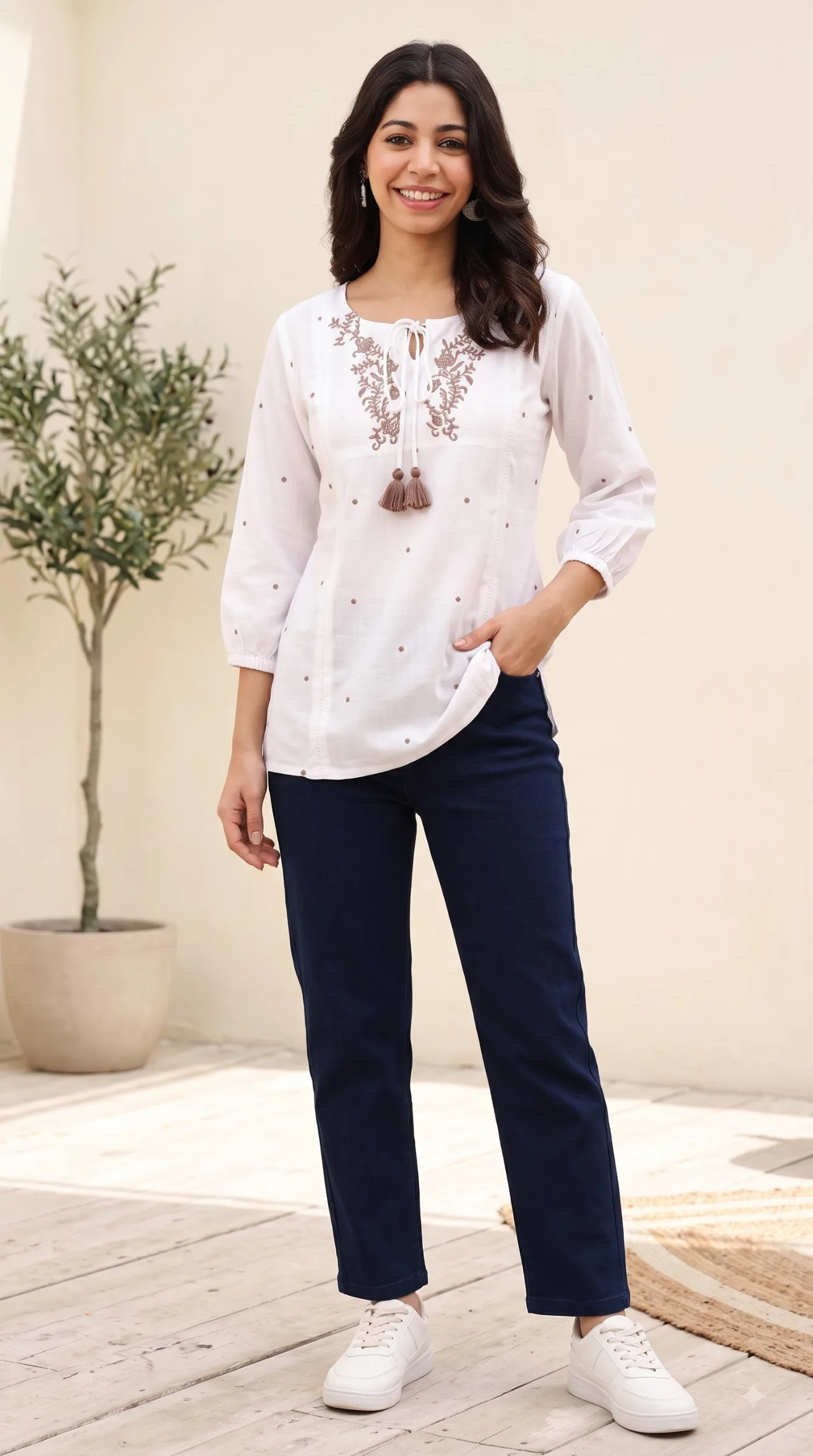 Modern Ethnic Fusion | White Tunic + Blue Denim Outfit Idea 