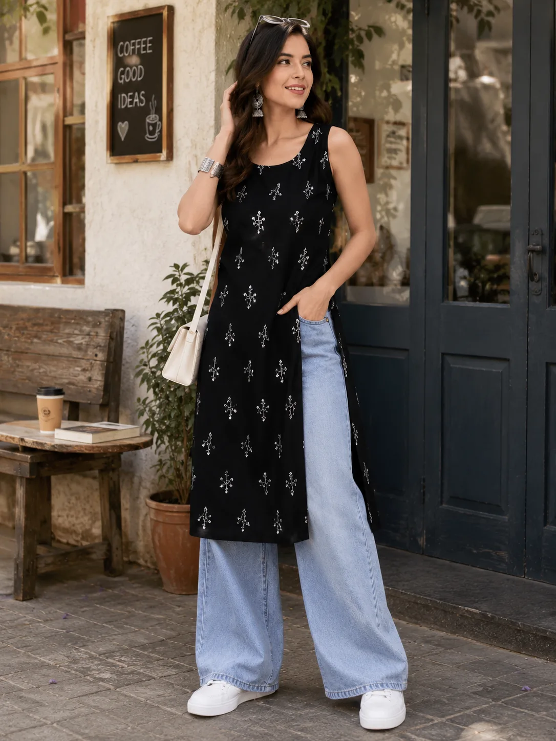Black Kurti With Wide-Leg Jeans: A Modern Indo-Western Outfit