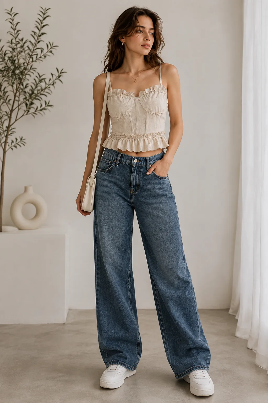 Cream Corset Top With Wide-Leg Jeans