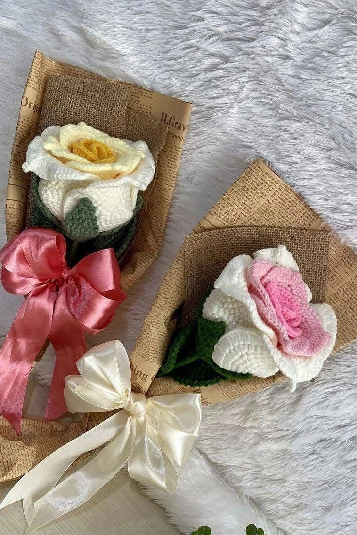 Blush & Ivory Crochet Rose Bouquet