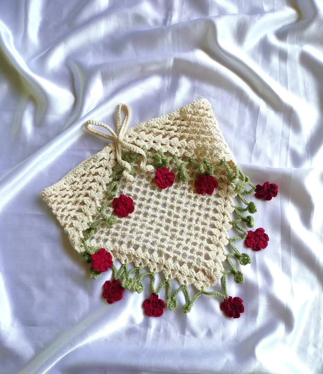 Handmade Crochet Floral Drawstring Pouch