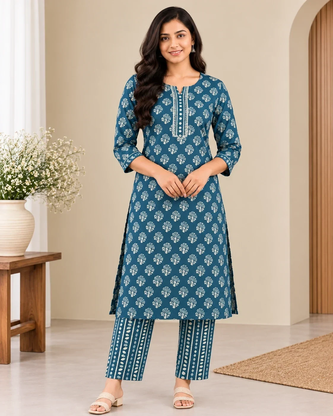 Teal Floral Print Kurta Set with Printed Pants