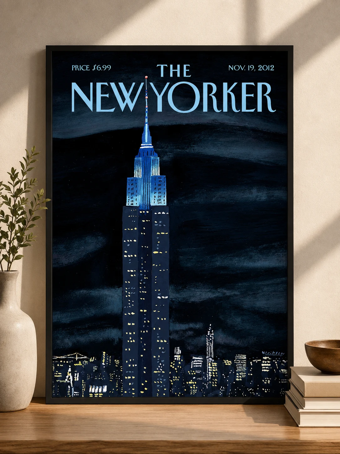 The New Yorker – Empire State at Night Premium Black Framed Cover Art