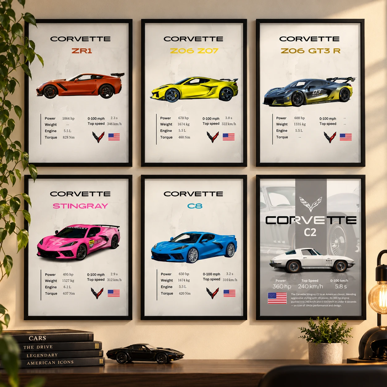 Corvette Icons Poster Set | 6-Piece American Sports Car Wall Art Collection