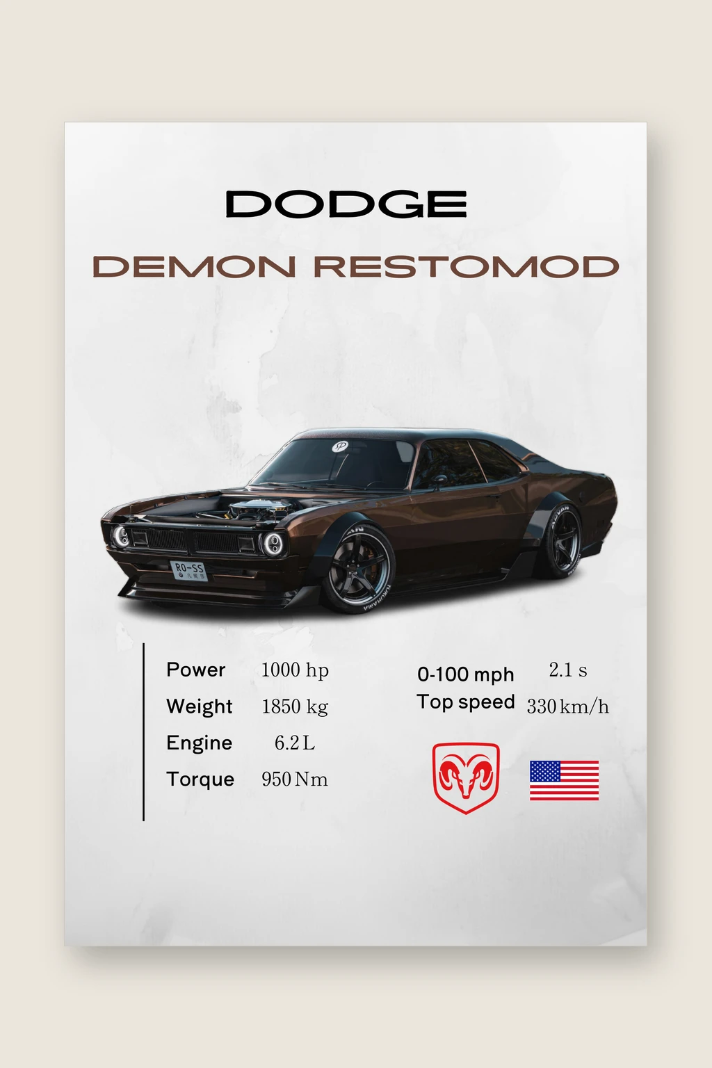 Dodge Demon Restomod Poster | Premium Muscle Car Wall Art | Automotive Decor for Garage & Office