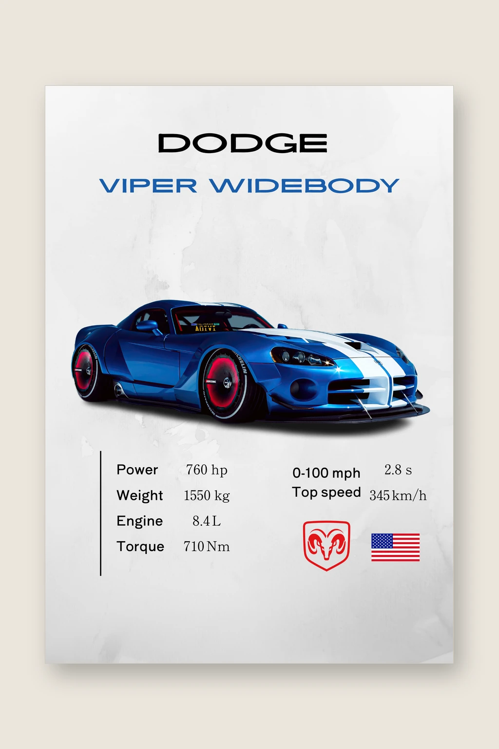 Dodge Viper Widebody Poster | Premium Muscle Car Wall Art | Automotive Decor for Garage & Office