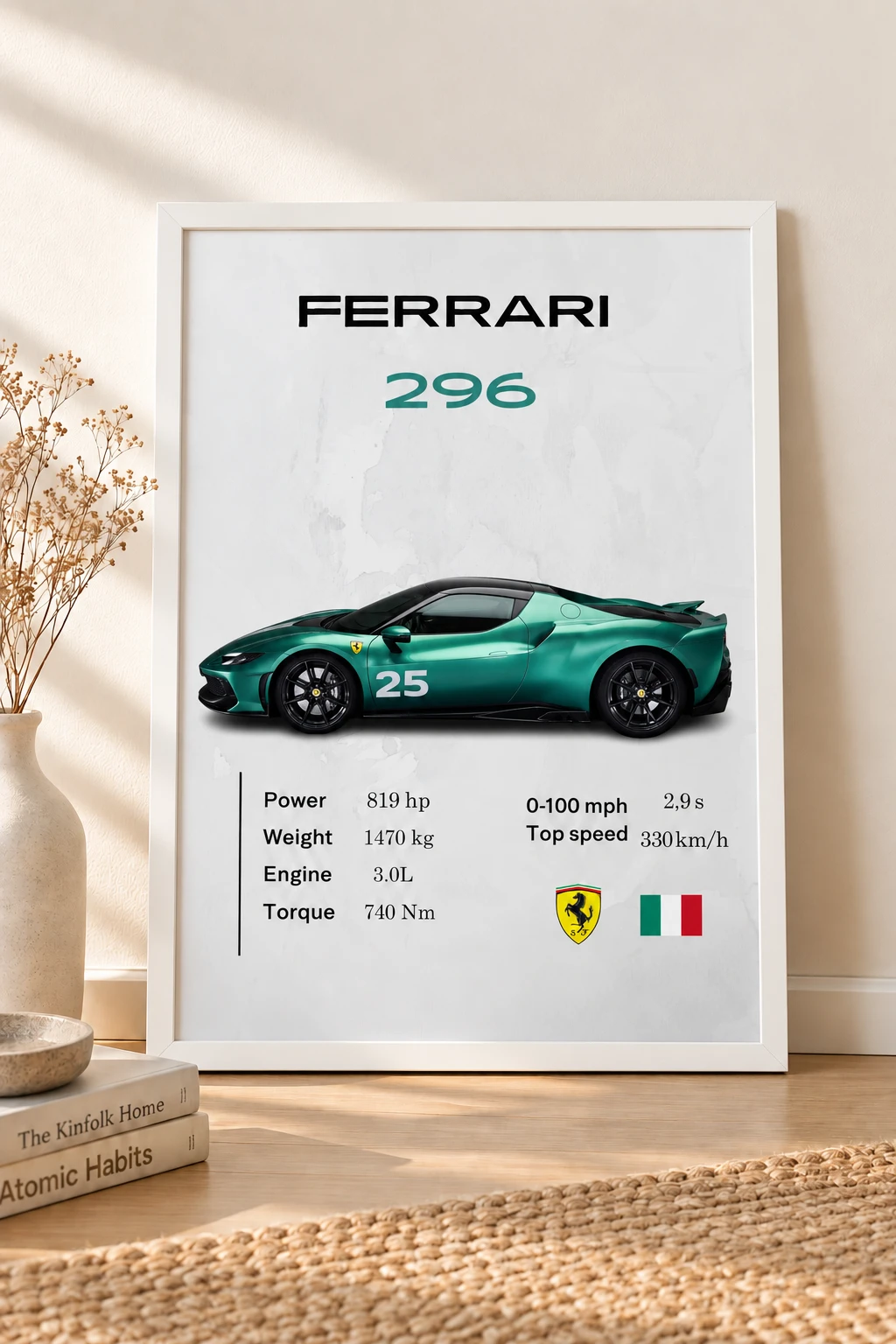 Ferrari 296 Poster | Premium Supercar Wall Art | Modern Ferrari Automotive Decor for Garage & Office