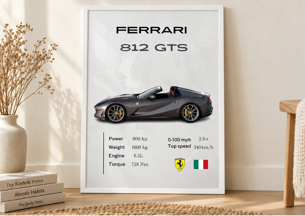 Ferrari 812 GTS Poster | Premium Supercar Wall Art | Modern Ferrari Automotive Decor for Garage & Office