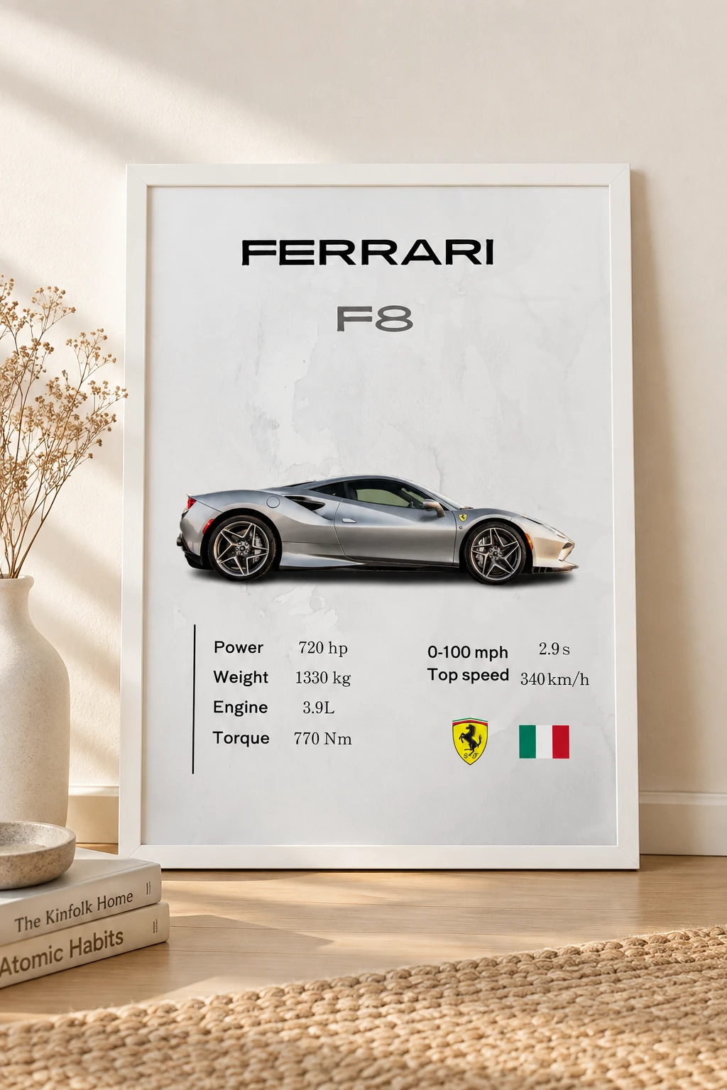 Ferrari F8 Poster | Premium Supercar Wall Art | Modern Ferrari Automotive Decor for Garage & Office