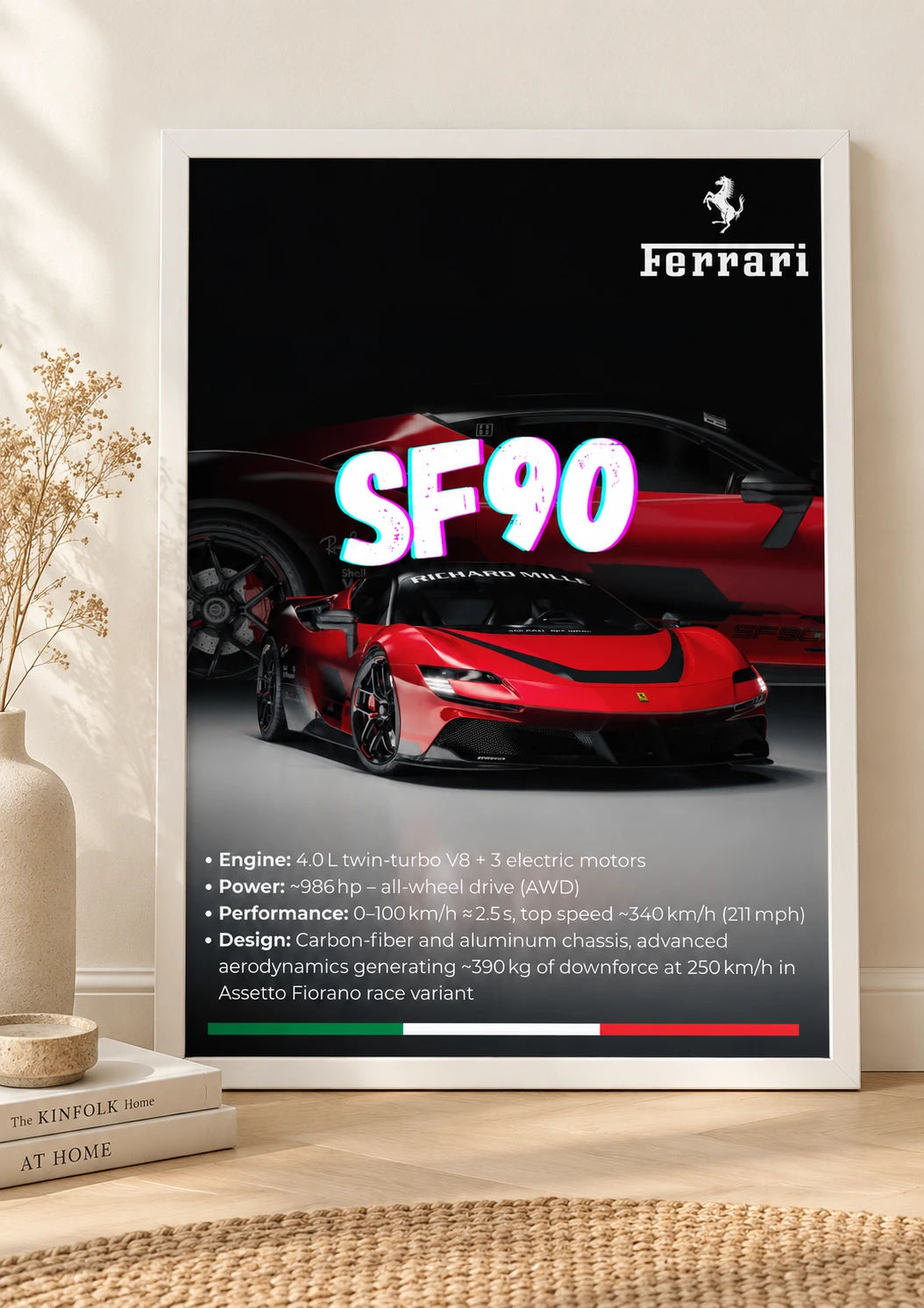 Ferrari SF90 Poster | Premium Supercar Wall Art | Modern Ferrari Automotive Decor for Garage & Office