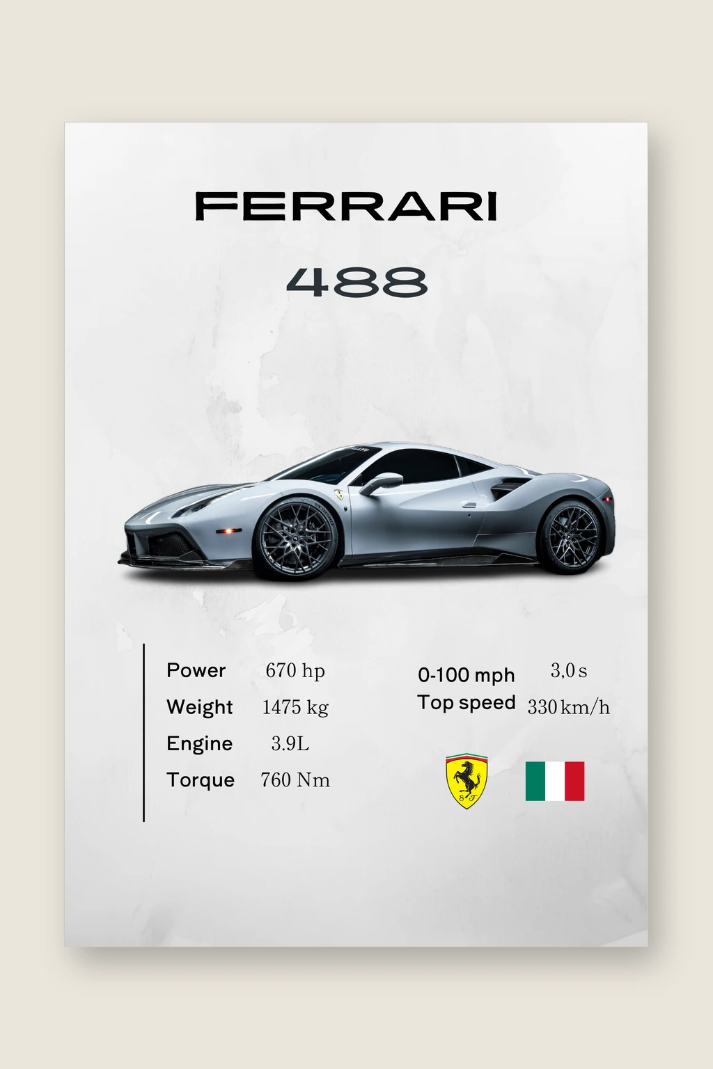 Ferrari 488 GTB Poster | Premium Supercar Wall Art | Automotive Decor for Garage & Office