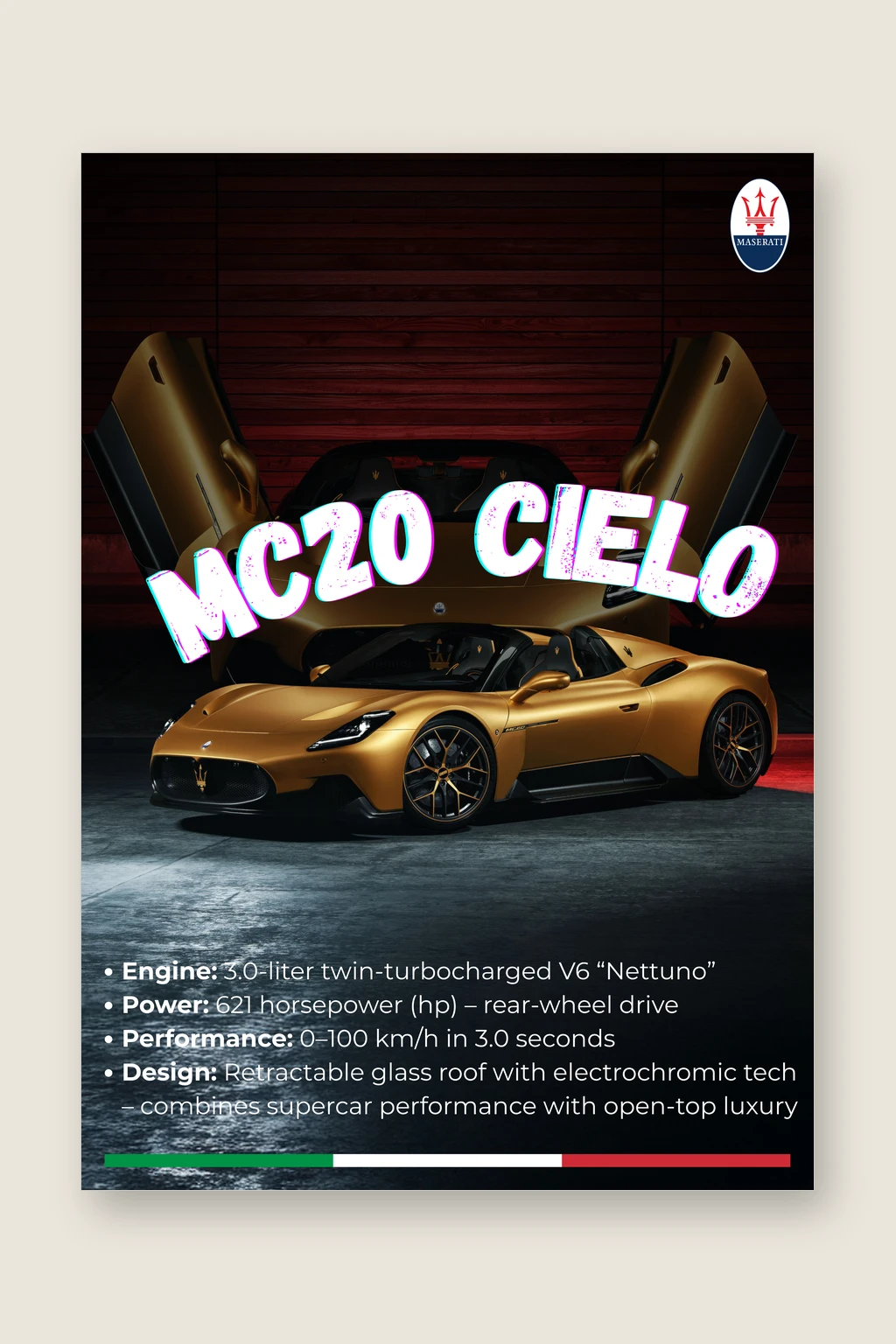Maserati MC20 Cielo Poster | Premium Supercar Wall Art | Automotive Decor for Garage & Office